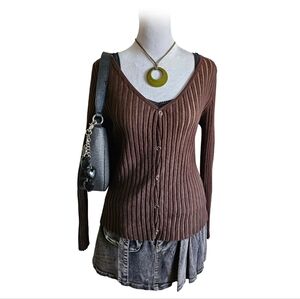 Alberto Makali Silk Brown ribbed Henley long sleeve top stretchy